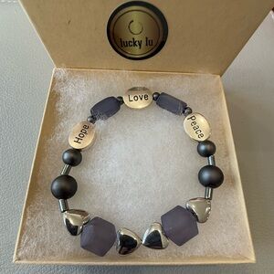 LuckyLu Love Peace Hope Beaded Stackable Bracelet Elastic Bag Charm Black Silver